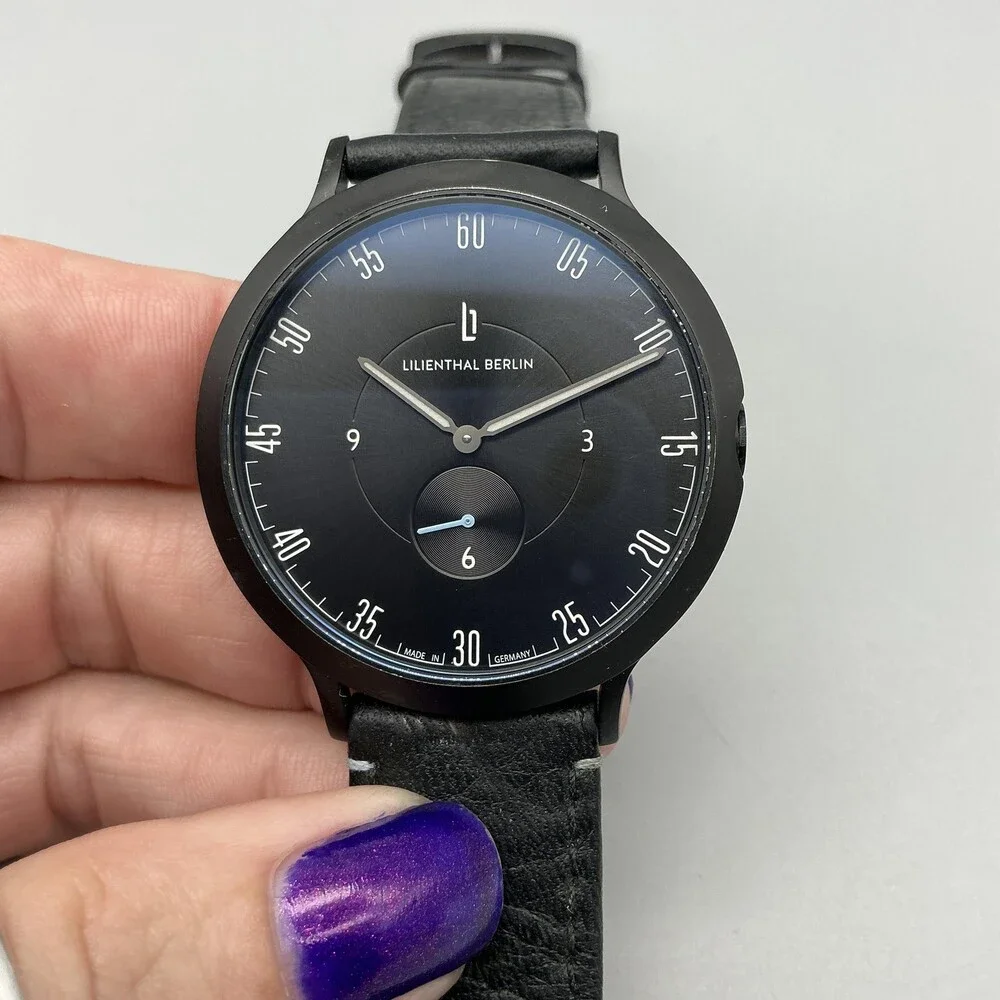 Lilienthal Berlin L1 All Black Mens Watch 42mm Black Dial Leather New Battery
